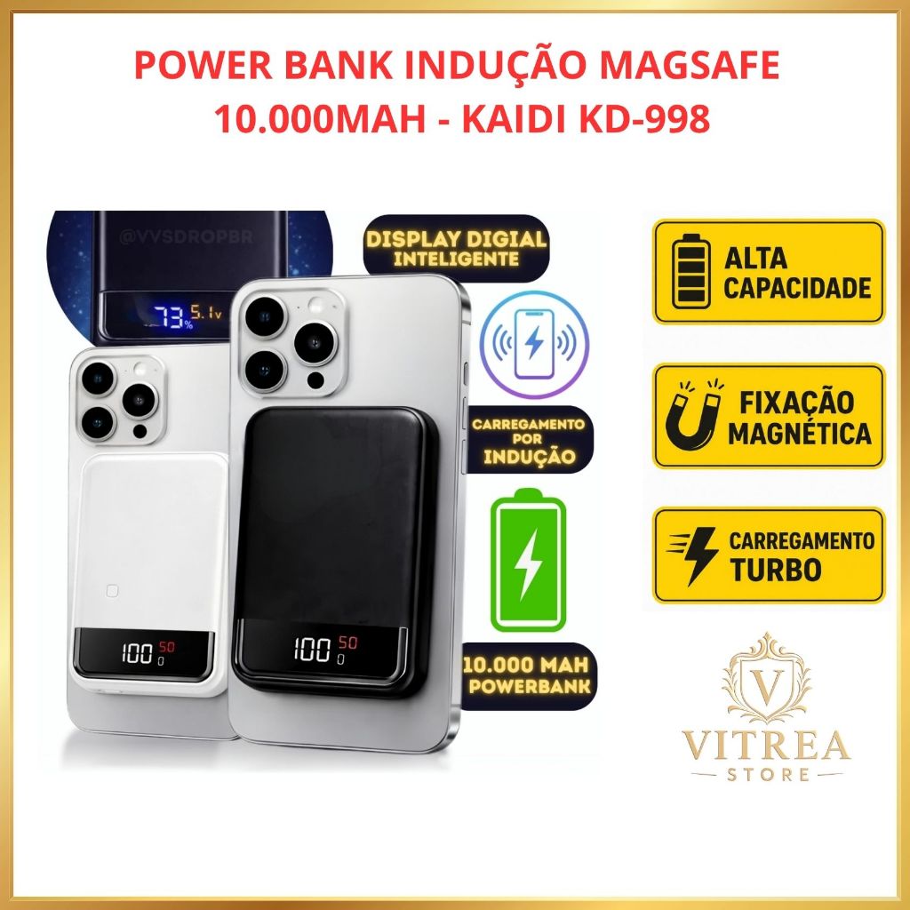 Power Bank Magnético MagSafe 10000mAh Kaidi KD-998 Turbo 22.5W Carregador Portátil Indução iPhone