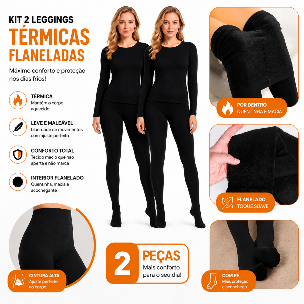 Kit Meias Calças Flanelada Térmica Segunda Pele Peluciada Com Pé Legging Quentinha Frio Pézinho Preta Meia