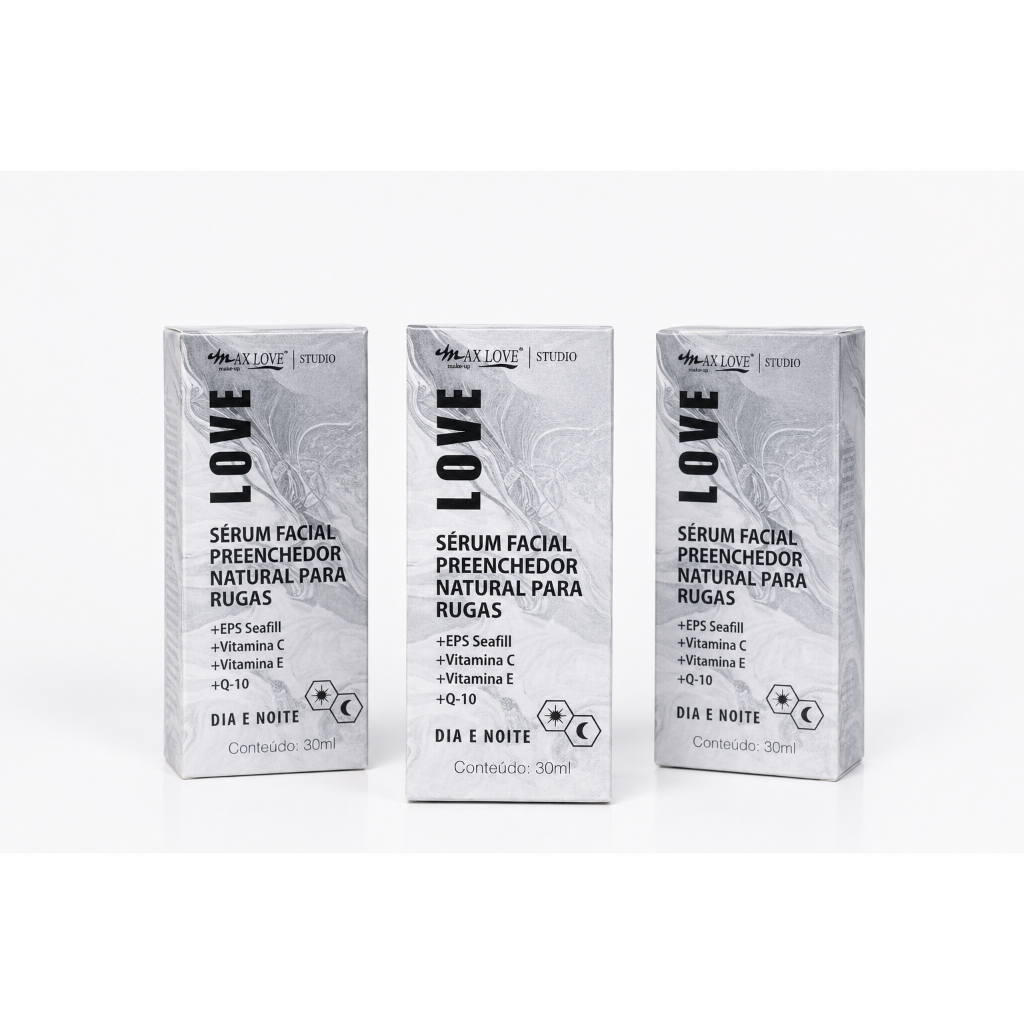 Kit 03 Sérum Facial Preenchedor Rugas MAXLOVE * Vegano com Vitaminas C e E