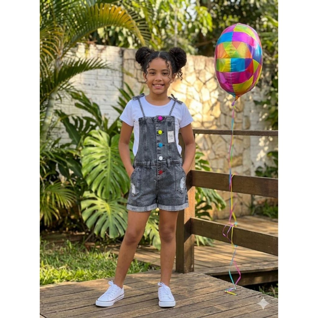Jardineira Macaquinho CURTO C/ Botão Jeans Feminina Infantil Juvenil - Claro e Escuro - 04 ao 16