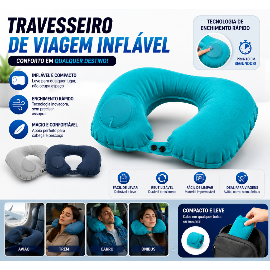 Travesseiro De Viagem Avião Inflável Super Leve Portátil Pescoço U-Forma Automática Inflável Cervical Travesseiro