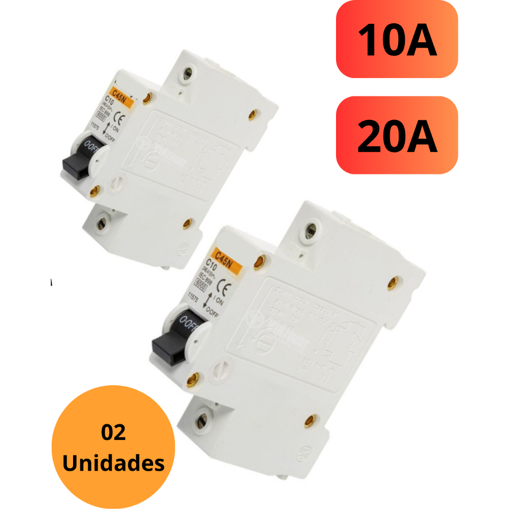 Kit C/ 2 Disjuntor Chave C Monopolar 10A, 20A Unipolar 1 Polo EFE-Semitrans