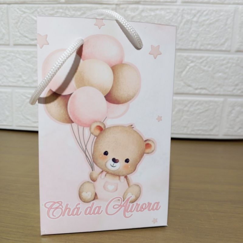 Sacolinha Personalizada Chá de Bebê Ursinha Rosa Aquarela – Lembrancinha Chá de Bebê Menina  - Sacolinha (P)
