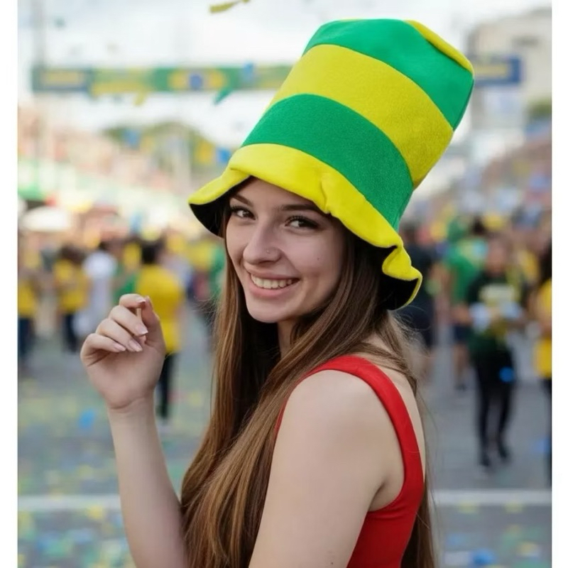 Chapéu Do Brasil Listrada | 28x28cm | Cartola Copa Do Mundo | Seleção Brasileira | Verde E Amarela | Torcedor | Jogo