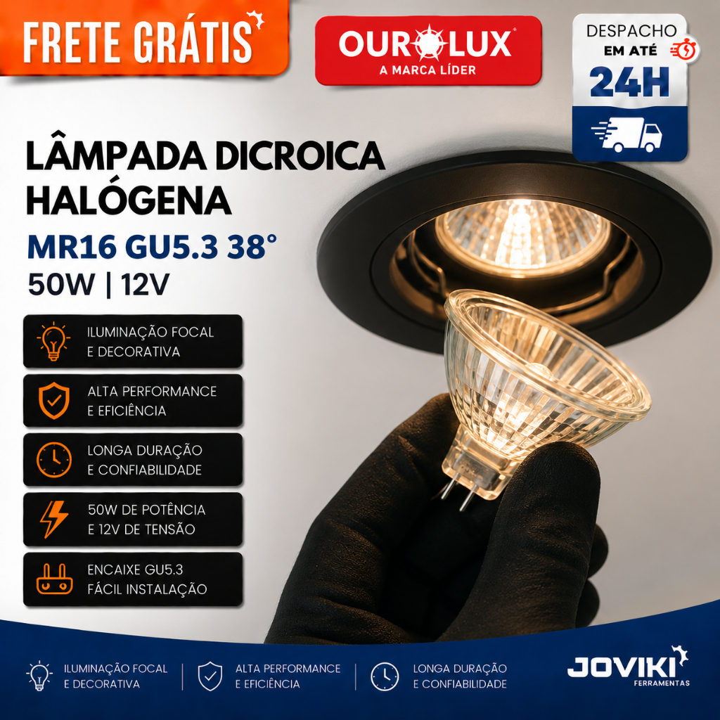 Ourolux Lâmpada Dicroica MR16 GU5.3 38° 50W 12V – Halógena Decorativa