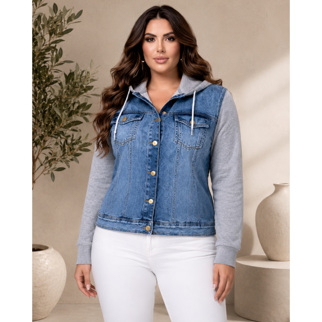 Jaqueta Jeans Moletom Plus Size com Touca Blusa de Frio Tamanho Grande G1 a G3