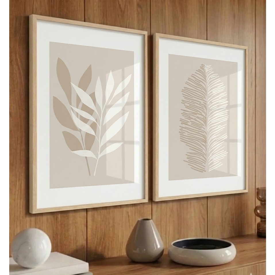 Quadro Decorativo - Folhagens Clean Bege Moderna Moldura Sala Quarto Corredor