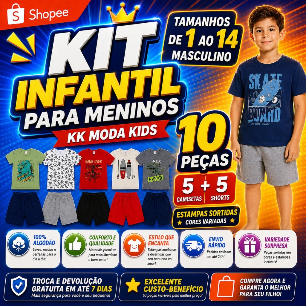 Kit Sortido 10 Peças Infantil Juvenil Criança Masculino Menino Tam 1 ao 14 Verão Promoção