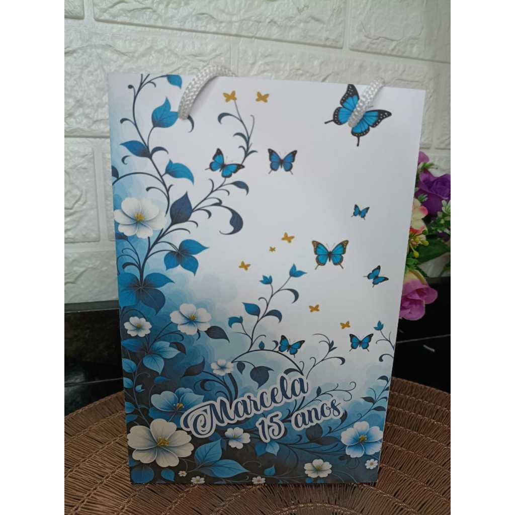 Sacolinha Personalizada FLORAL COM BORBOLETAS/AZUL/BORBOLETAS/ANIVERSÁRIO/FESTA/LEMBRANCINHA/