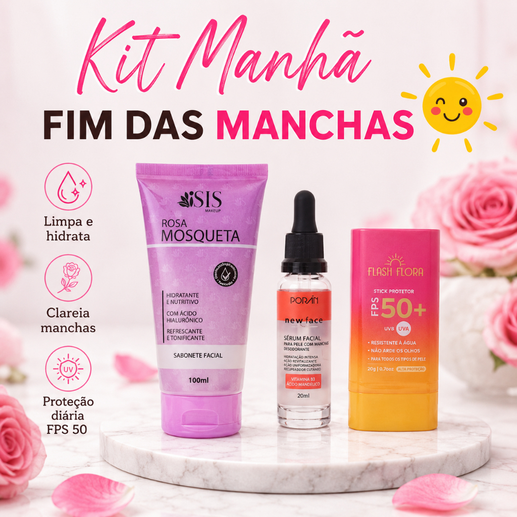 Kit Clareador Manchas Faciais Sabonete Rosa Mosqueta + Sérum Ácido Mandélico + Protetor FPS 50