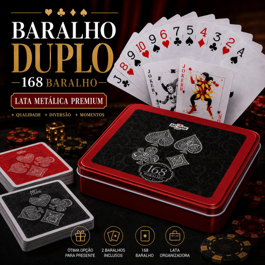 Kit 2 Baralhos Duplo 168 Luxo Plástico Resistente Estojo De Lata Truco Poker