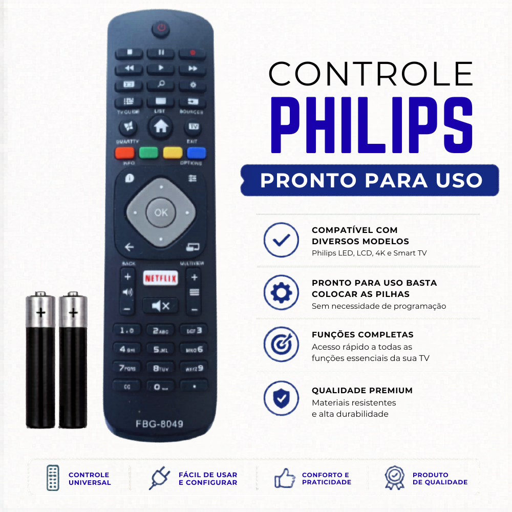 Controle TV Philips Universal Compatível LCD LED Smart TV Pilhas Inclusas