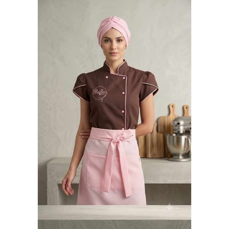 Kit Dolmã Avental Faixa Chef Confeiteira Cozinha Gabardine Oxford Bordado | Uniforme Gastronomia Restaurante | Kit Doma