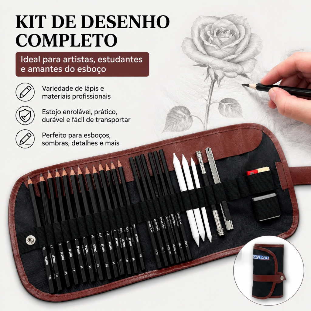 Kit 28 Peças Lápis Grafite Carvão Apagável Desenho Profissional Material Arte S751