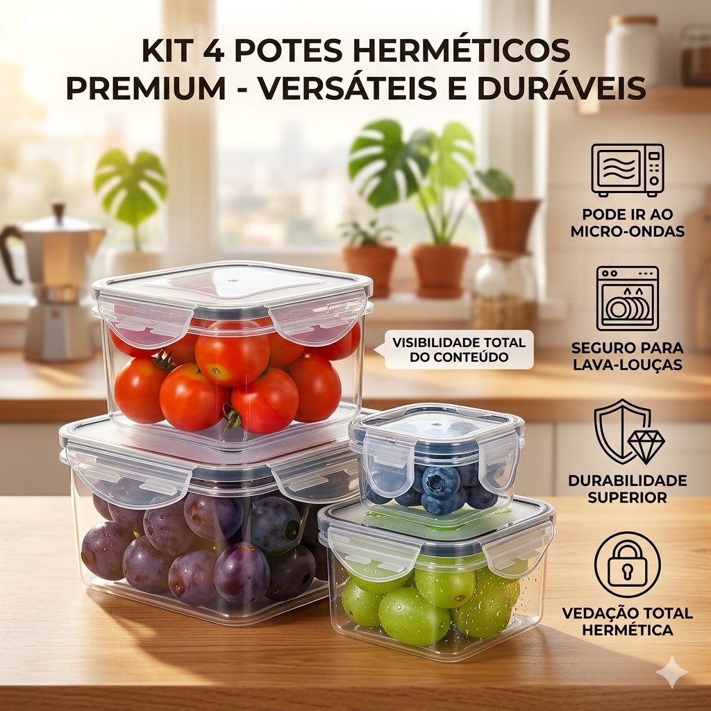 Kit 4 Potes Herméticos Quadrados Transparente de Plástico Com Trava Lateral Livre De BPA Organizador De Geladeira Marmit