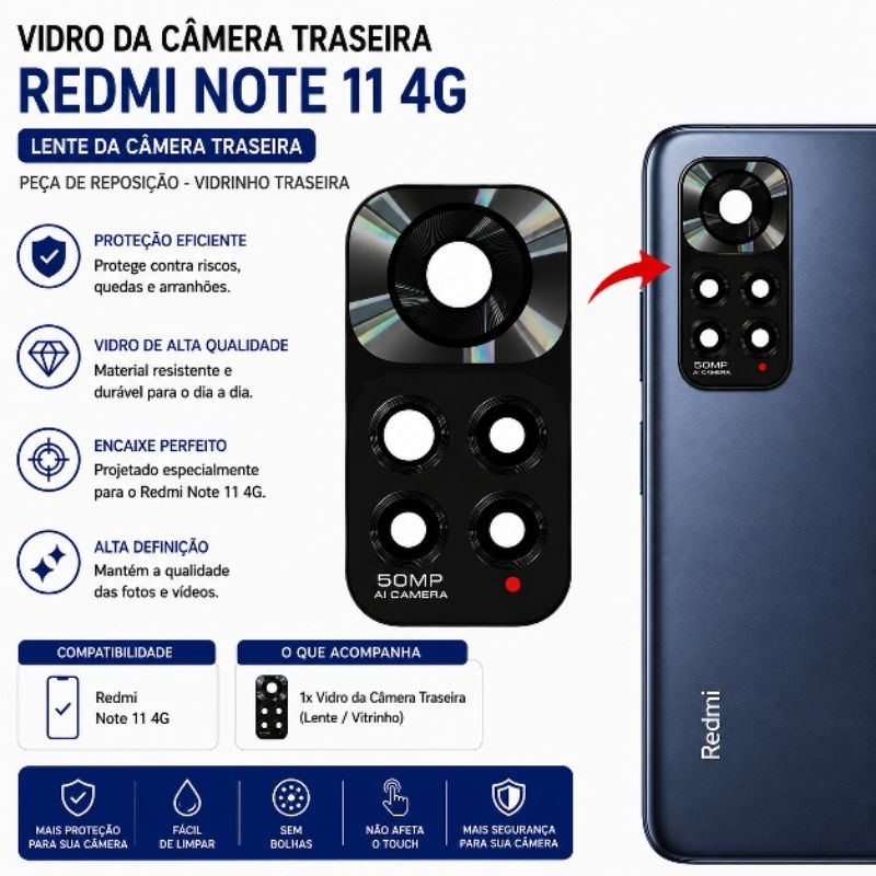 Vidro da Camera Para Xiaomi Redmi Note 11 4g Lente da Câmera Traseira Vidrinho T
