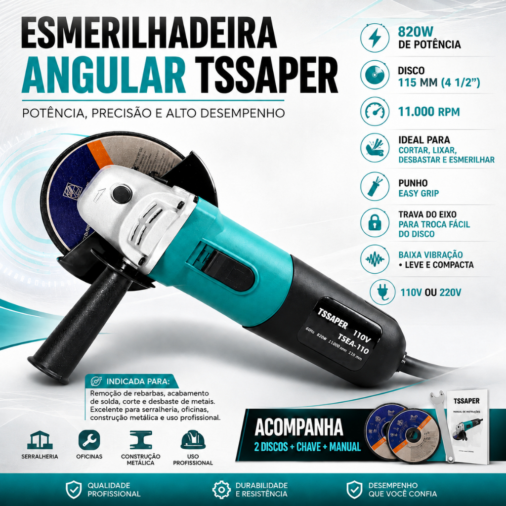 Esmerilhadeira e Lixadeira Angular Profissional 820W Com 2 Discos e Acessórios - TSSAPER