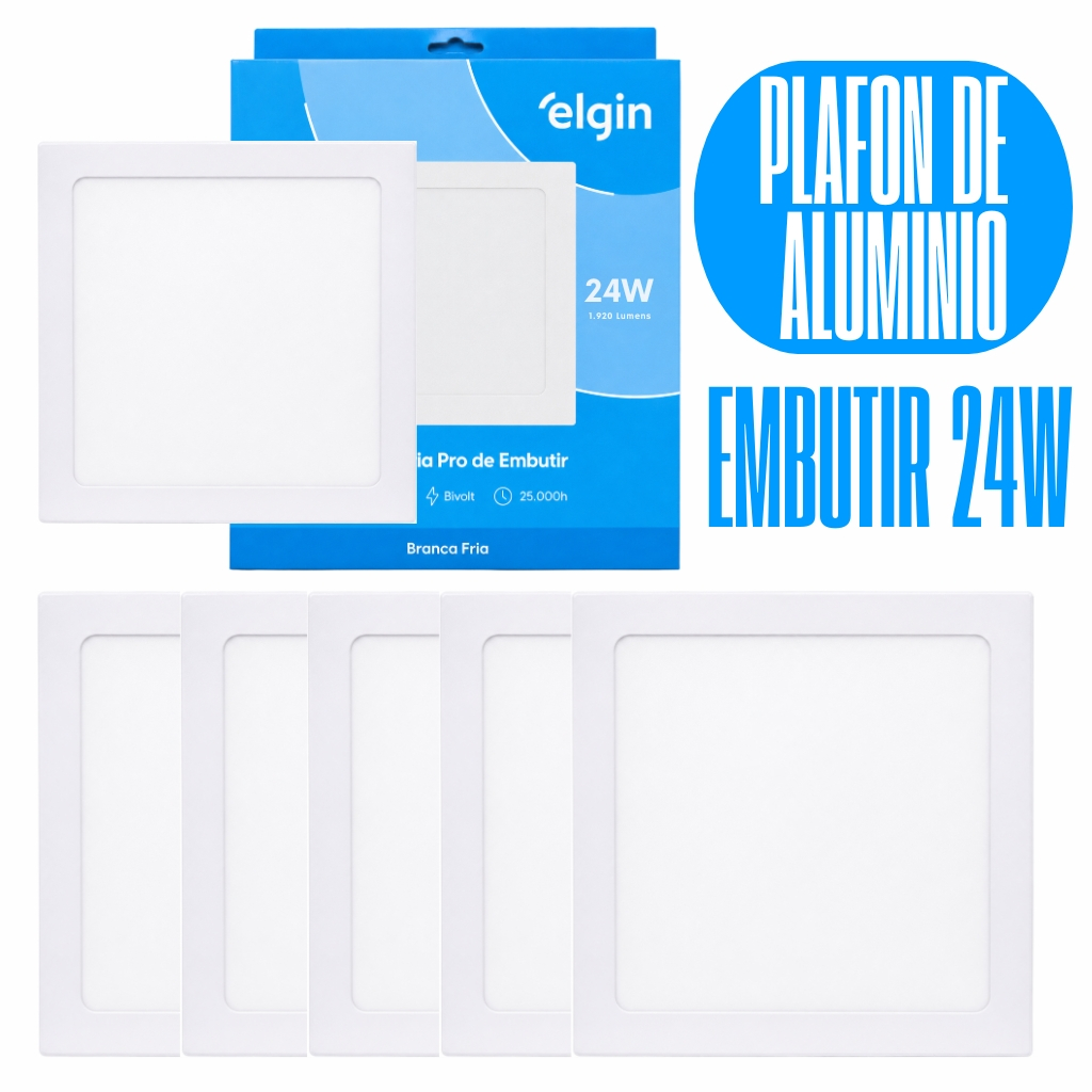 Kit 6 Luminária Painel Plafon Pro Slim ALUMINIO Embutir Quadrado Led 24w 29x29 6500k Bivolt - ELGIN