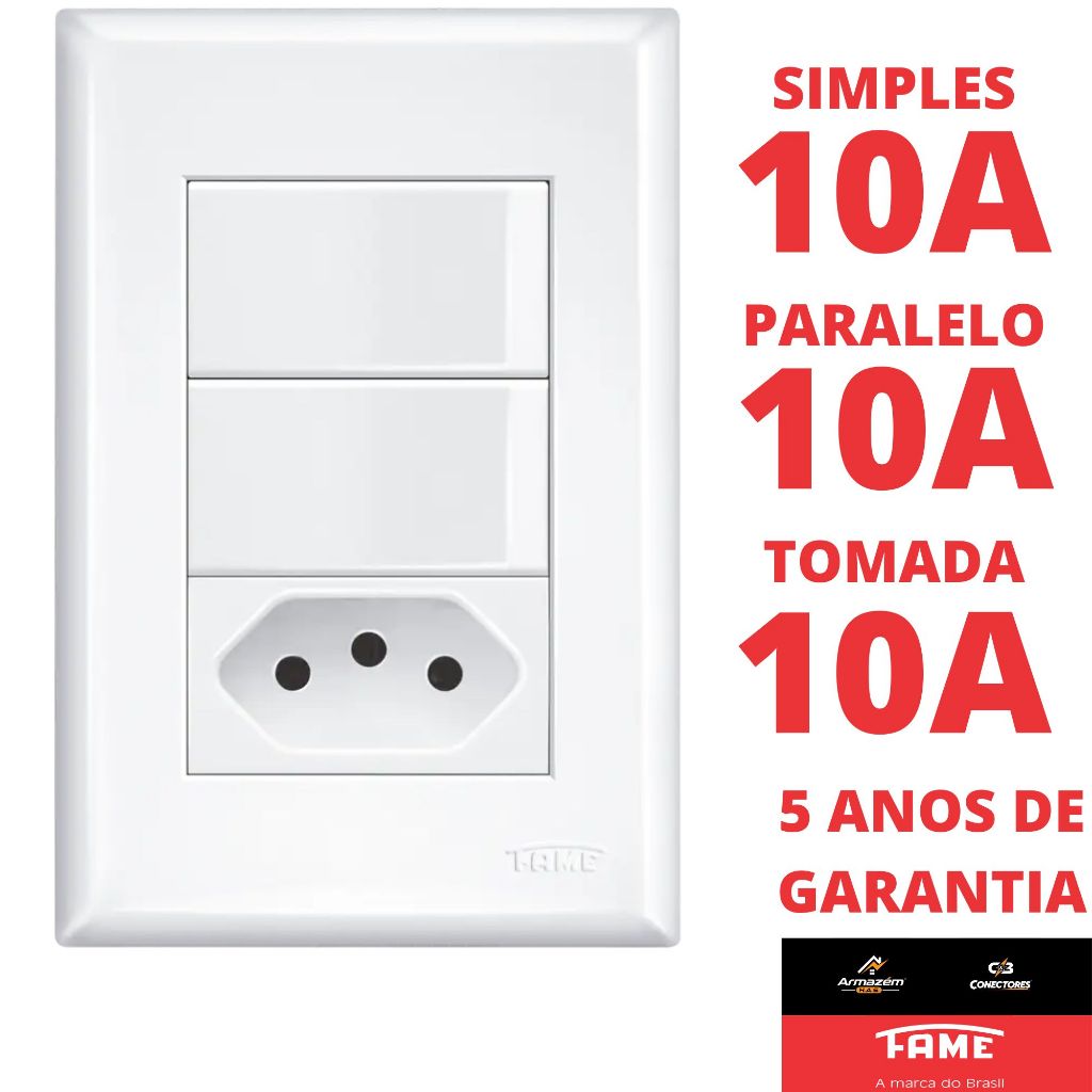 Interruptor Simples 10A Paralelo Three Way 10A e Tomada Padrão 2P+T 10A Com Placa Evidence FAME