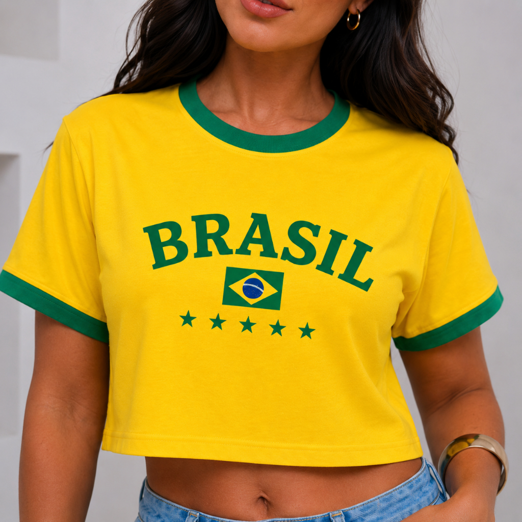 Cropped Brasil Feminino Manga Curta Blusinha Copa Moda Blogueira Casual Tendência Viral Em Alta