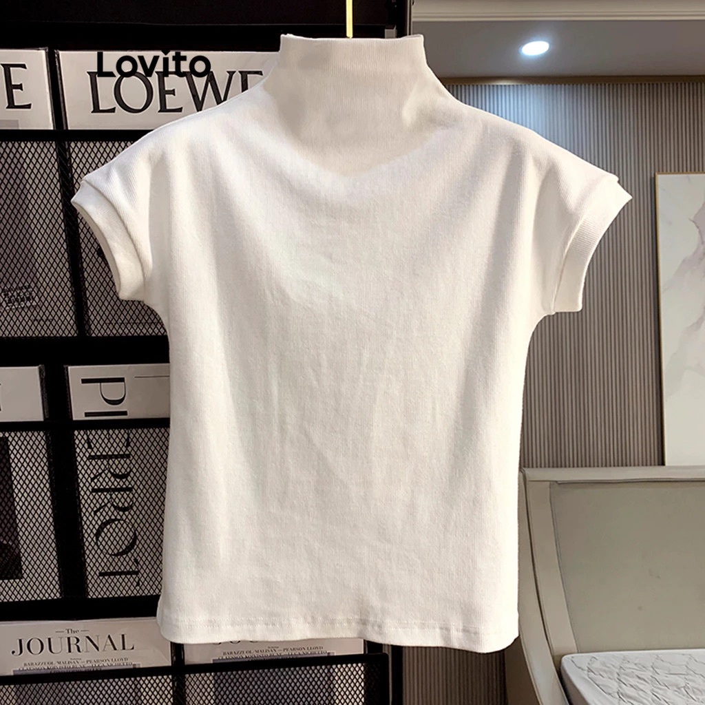 Lovito Blusa Casual Feminina Gola Alta Manga Curta TSNS15EX039