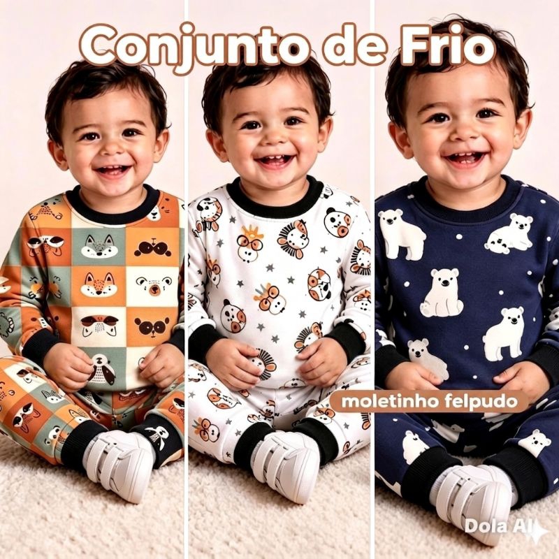 Conjunto de frio infantil para bebê menino / Conjunto Moletom Peluciado Estampado / kit de frio Calça + Blusa