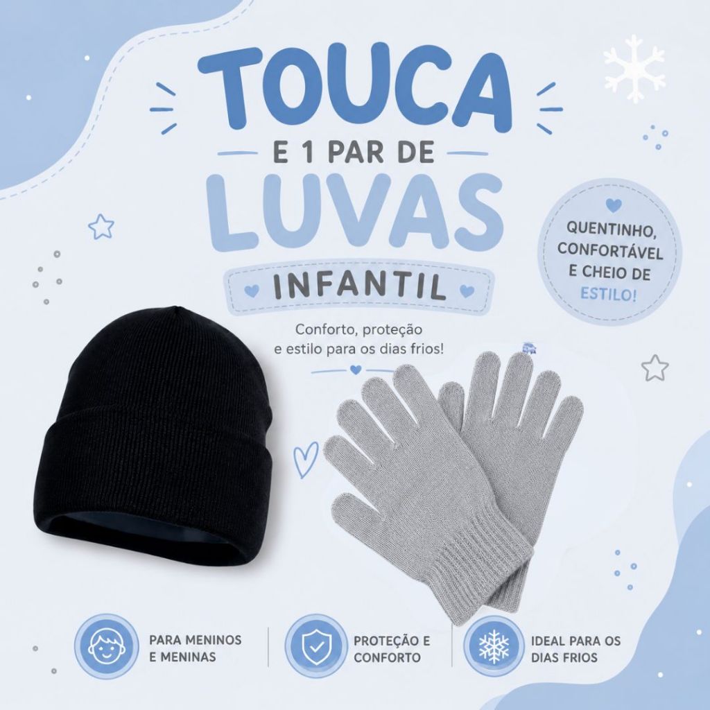 Kit Touca e Luvas Coloridas Infantil Inverno Frio Criança Escola Viagem Férias Proteção Quentinho