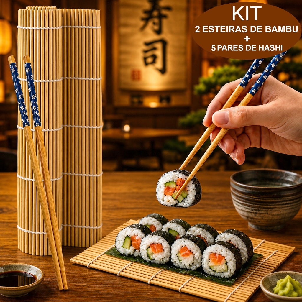 Kit 5 Pares Hashi + 2 Esteira Bambu Sudare Profissional Enrolar Sushi Sashimi Makisu Japonês