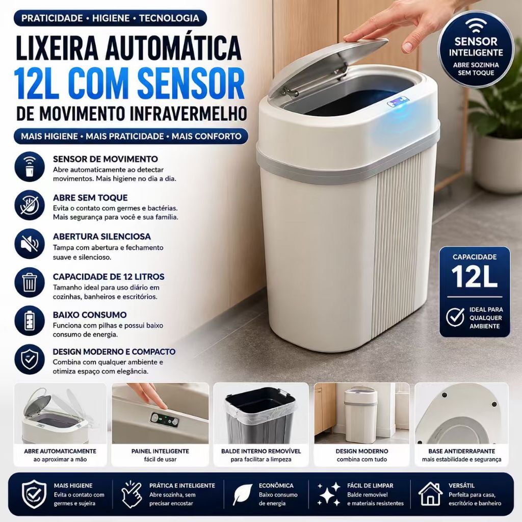 Lixeira Automática 12L com Sensor de Movimento Infravermelho Apoapp