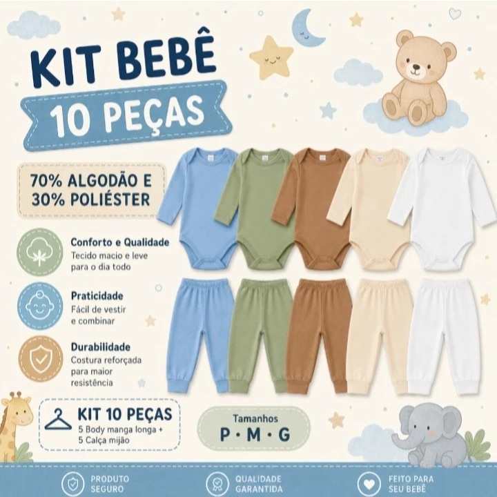 Kit 10 Peças Bebê Body Manga Longa e Mijão Menina Menino — imagem 1