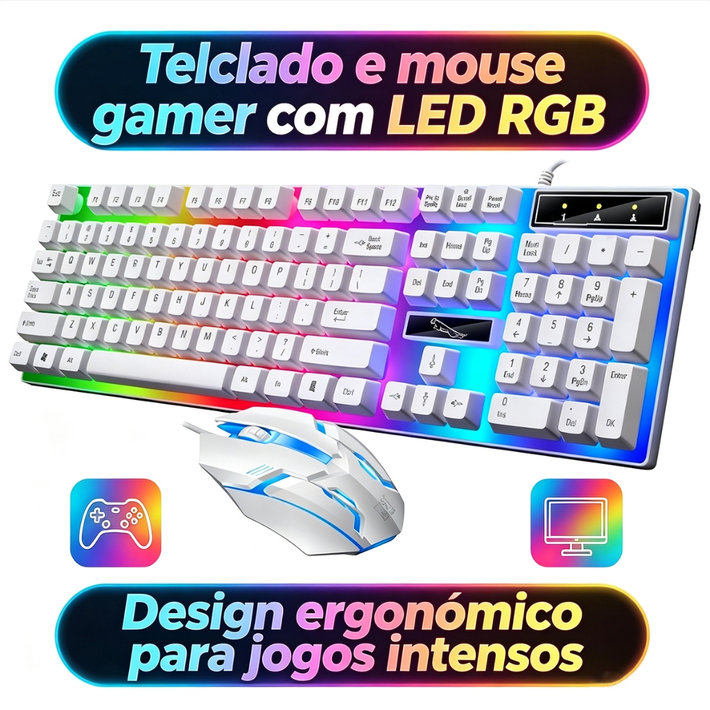 Teclado Gamer com Luz RGB + Mouse Óptico, Kit Completo para Jogos e Trabalho Doméstico -H8