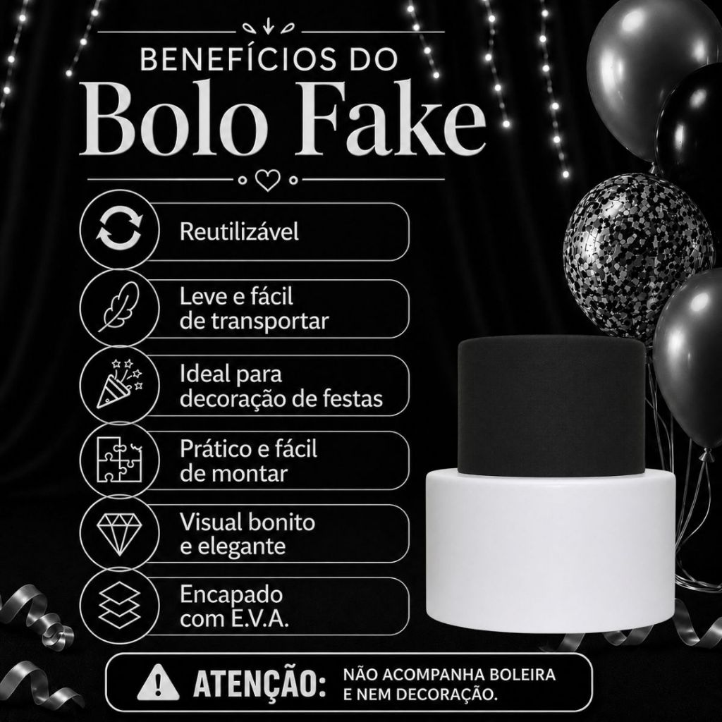 Bolo Fake De Isopor 2 Andar Revestido De Eva Preto E Branco Para Festas 15x10 20X10 CM — imagem 2 de 2