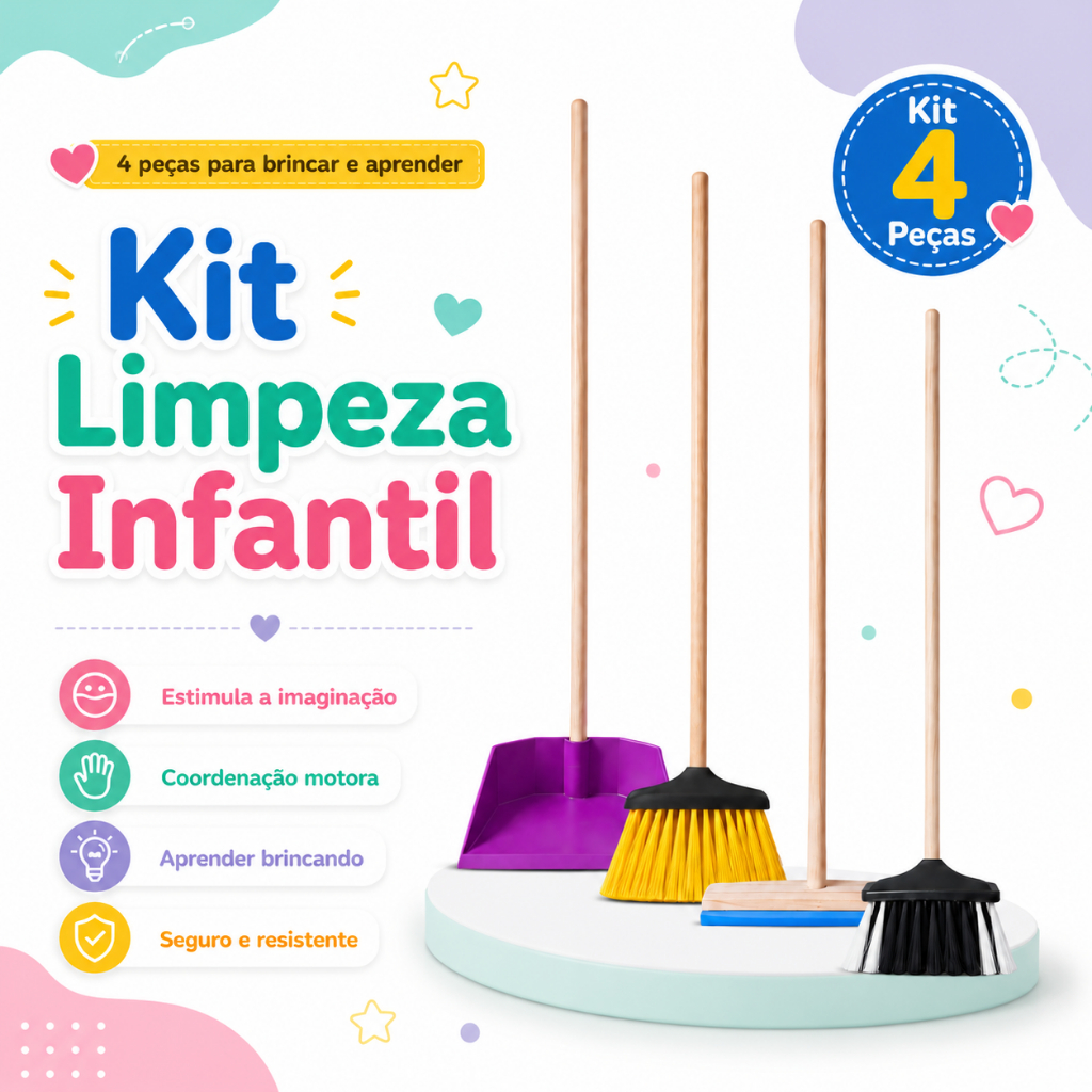Mini Kit Limpeza Infantil Vassourinha Rodo e Pá Brinquedo Educativo Casinha Criança Menino Menina