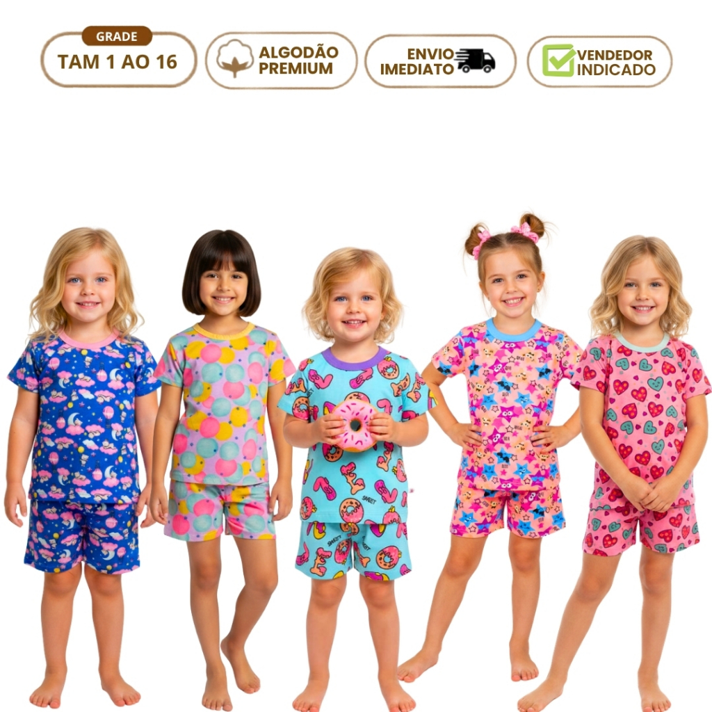 Kit 6 Peças Pijama Infantil Menina Verão 3 Camiseta 3 Bermuda Roupa de Criança Calor Algodão 1 a 16