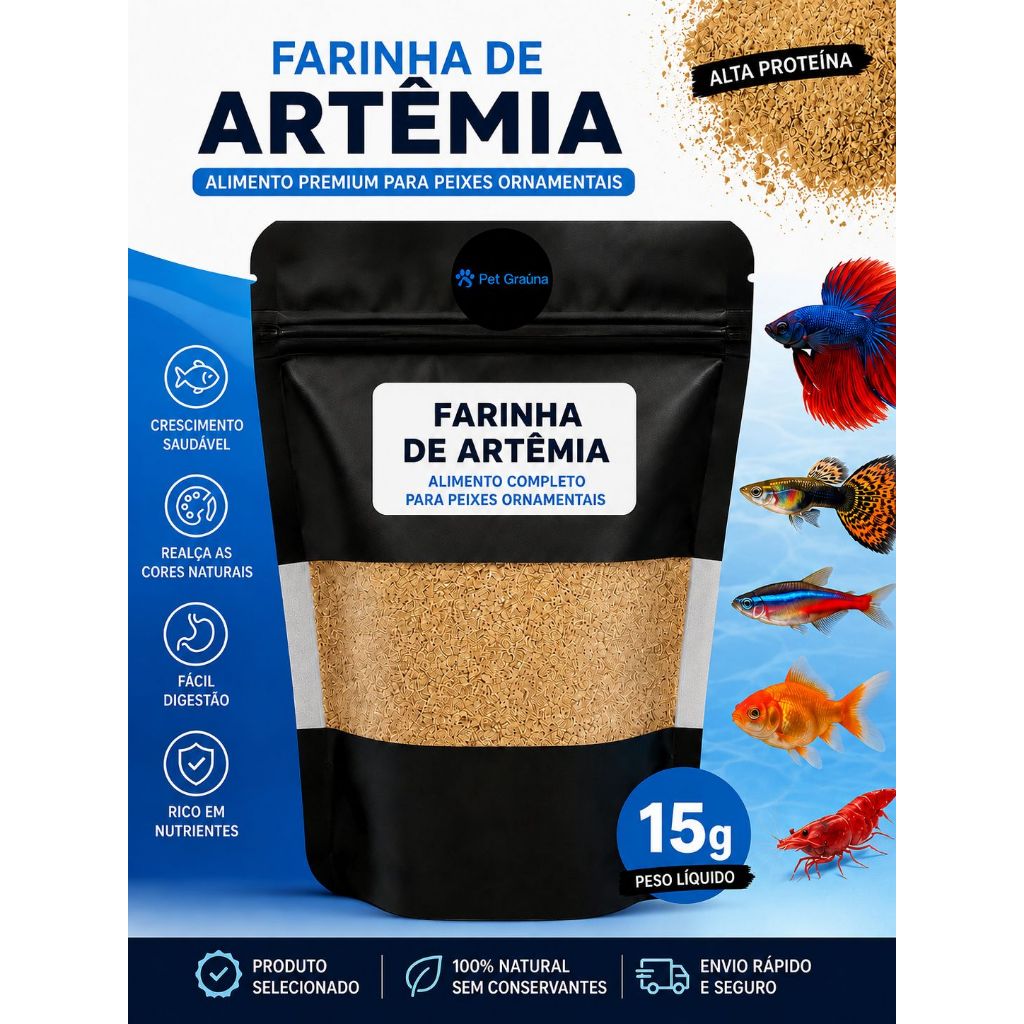 Farinha de Artêmia Natural Rico em Proteínas 15g Para Betta Guppy Corais e Água Salgada