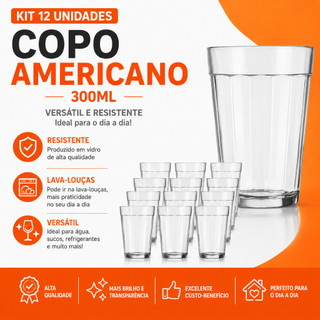Copo Americano Vidro Copo De Vidro 300ml Copo Americano Long Drink Grande 300ml kit  12 Unidades