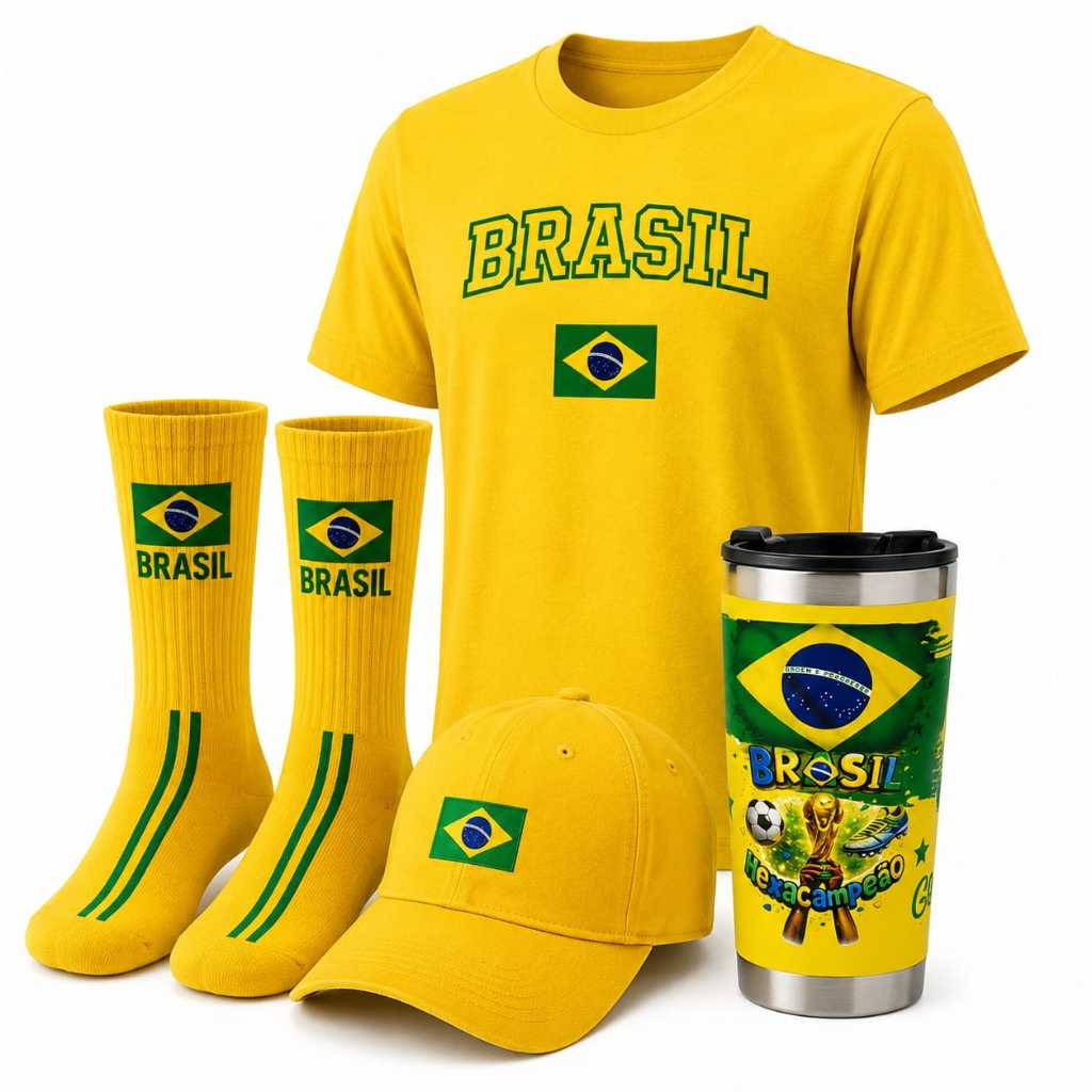 Kit Torcedor Brasil 4 Itens - Camiseta 100% Algodâo Unisexx + Boné + Meia de Cano Alto +  Copo Térmico Estampado