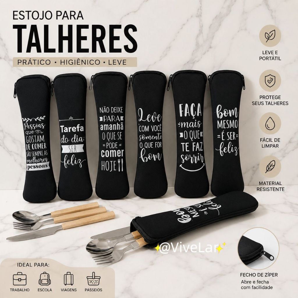 Estojo Porta Talher De Neoprene Estampado com Frase – Multiuso Portátil Leve com Zíper