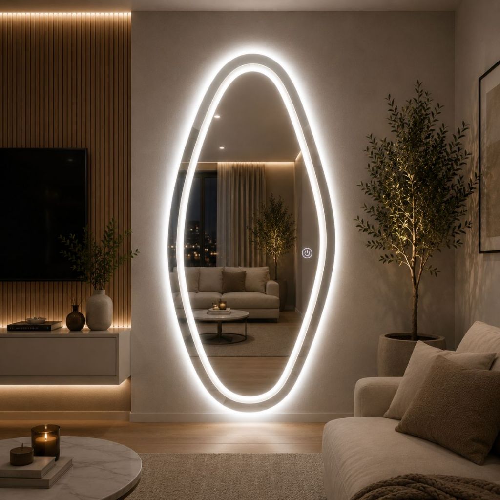 Detalhes do Espelho Led Orgânico Jateado Touch 3 Modos de Luz Branco Quente Frio Sala Quarto Closet Banheiro