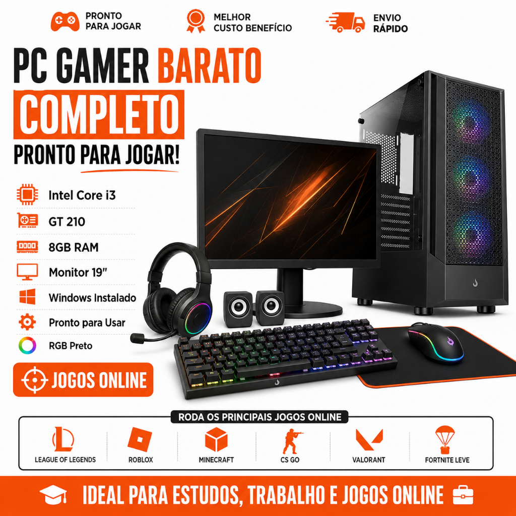 PC Gamer Barato Completo i3 GT 210 RGB Preto Jogos Online Monitor 19 Windows