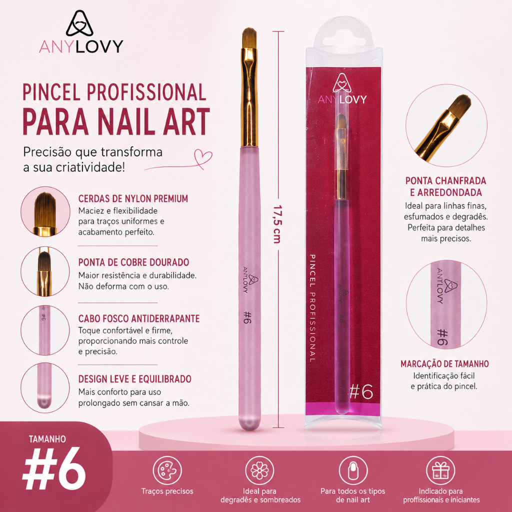 Kit 2 Pincéis Língua de Gato #6 para Decoração de Unhas e Nail Art em Gel Profissional Manicure Anylovy