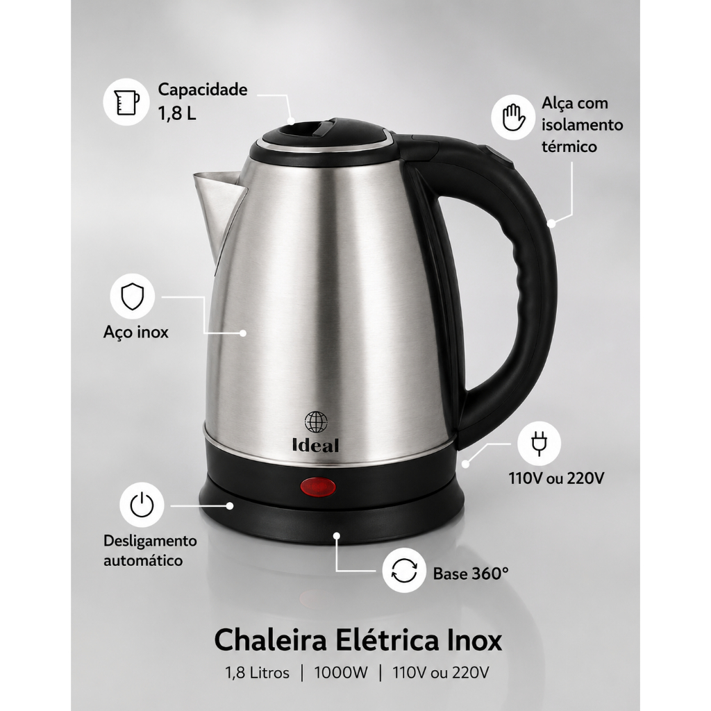 Chaleira Eletrica Inox Alta Potencia 1.8L Ferve Chá Água Rápida Aquecimento Quente 110V e 220V