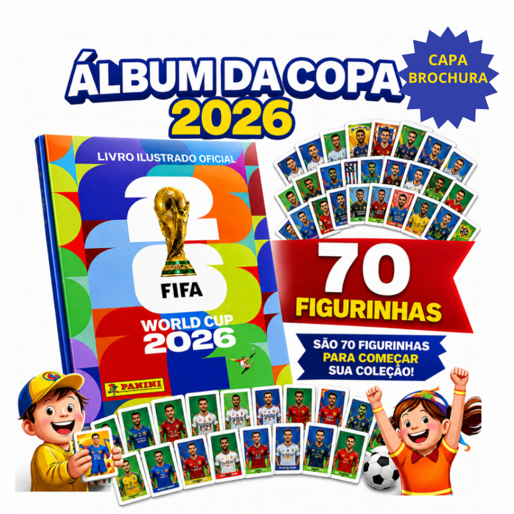 Álbum Copa Do Mundo FIFA 2026 Brochura + 70 Figurinhas 10 Pacotes Colecionáveis Originais