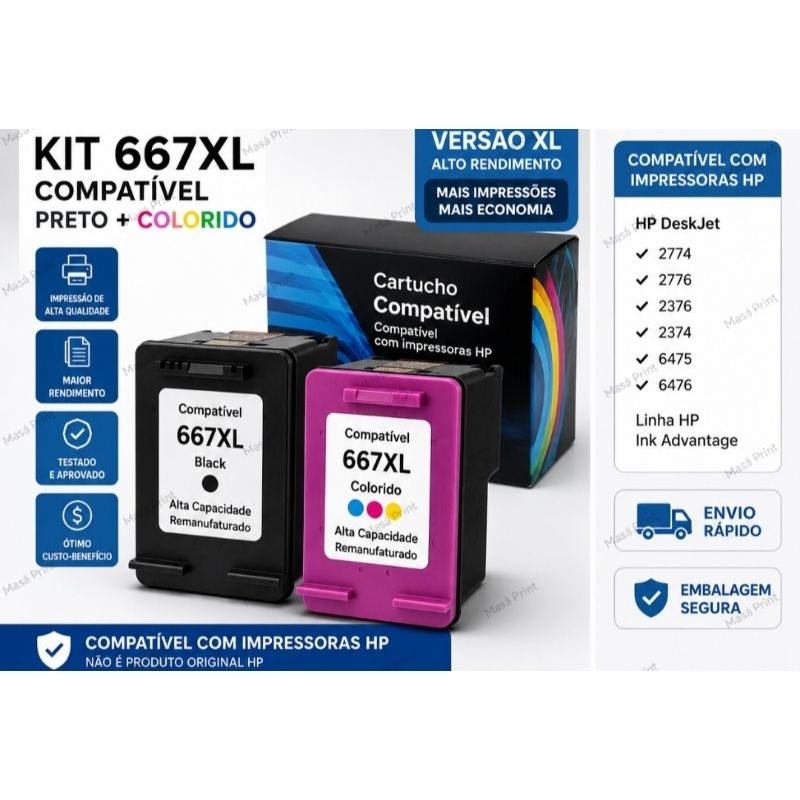 Kit Cartucho Compatível 667XL Preto + Colorido Compatível com Impressoras HP