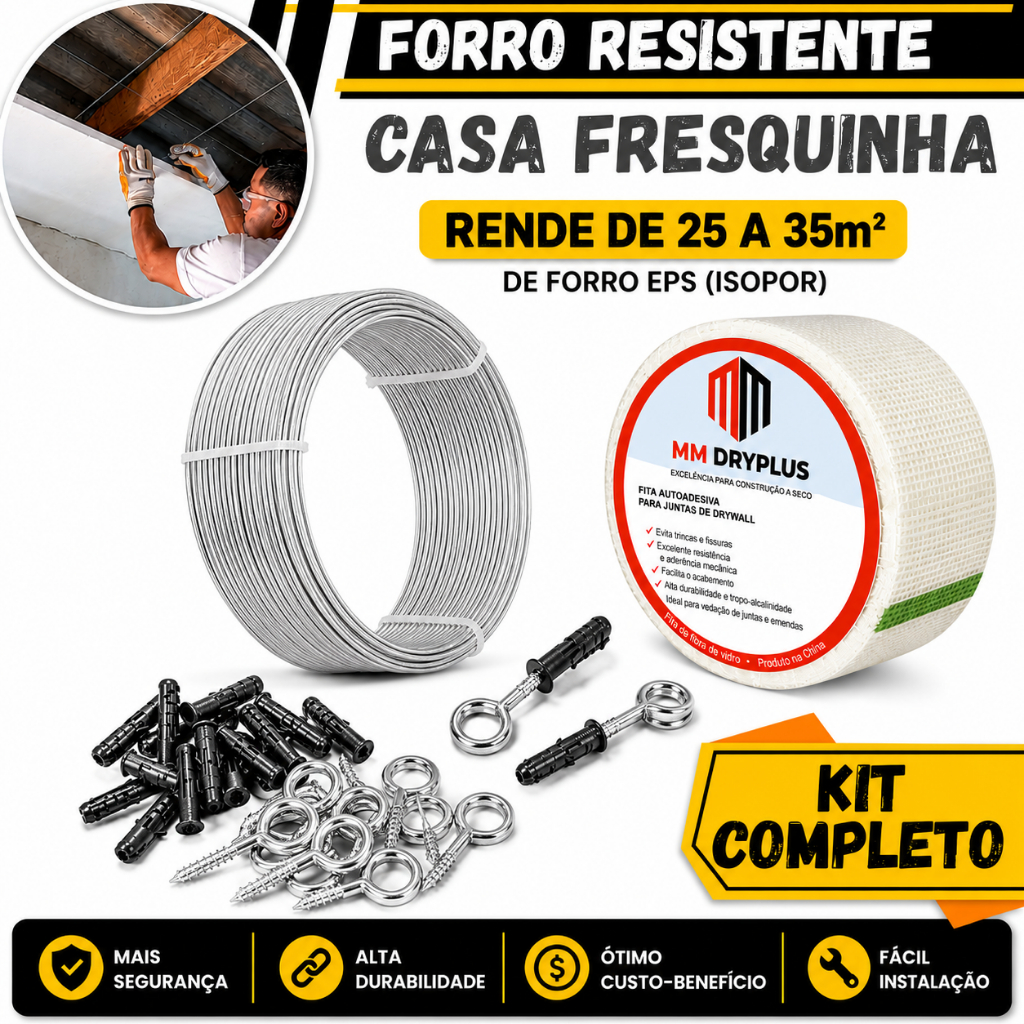 Kit Forro Isopor e Drywall 35m² -Fita Telada Adesiva. +Arame Galvanizado 18 + 50 Buchas com Pitão 8