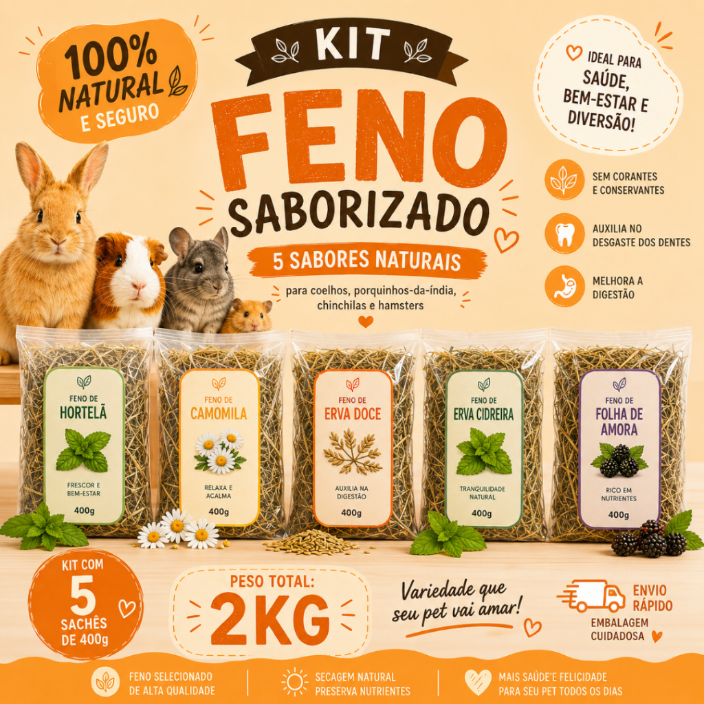 Kit Feno Saborizado Premium 2kg 5 Sabores Naturais P/ Coelho Hamster Porquinho da Índia Chinchila