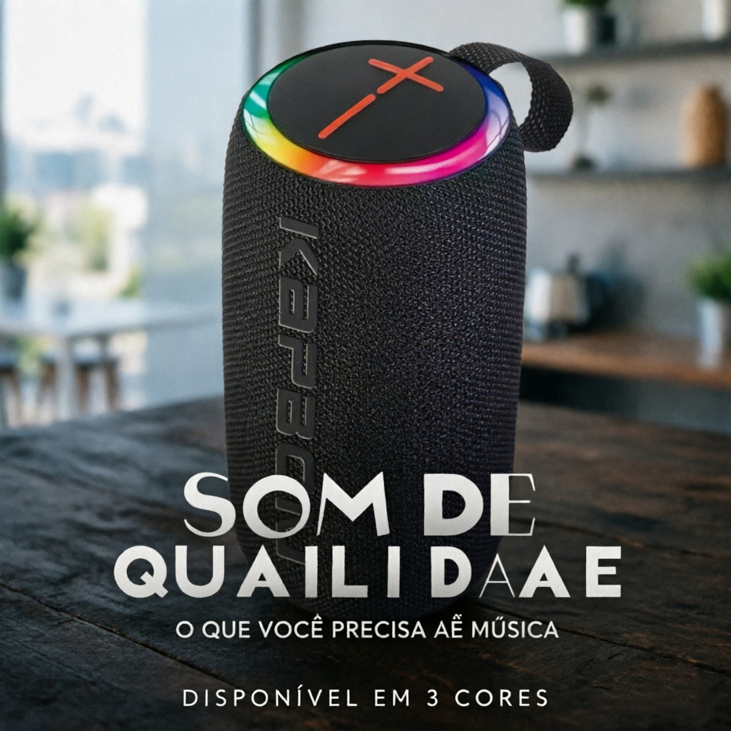 Caixa de Som Bluetooth 100W RMS com Tecnologia TWS, IPX6, Luzes LED RGB Sincronizadas, Suporte USB e FM
