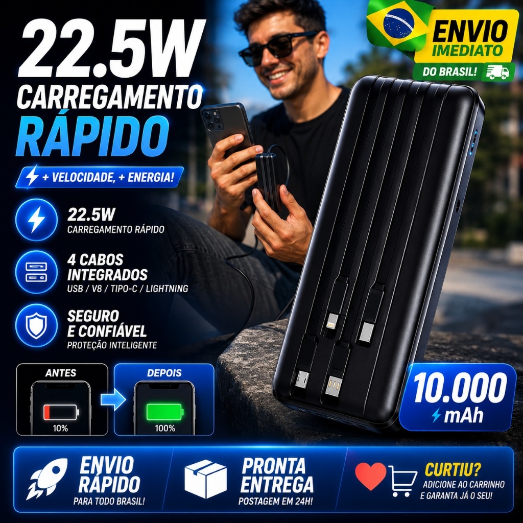 Power Bank 10000mAh Com Suporte Dobrável E Cabos Integrados 4 Em 1 Carregamento Rápido USB Tipo-C Lightning