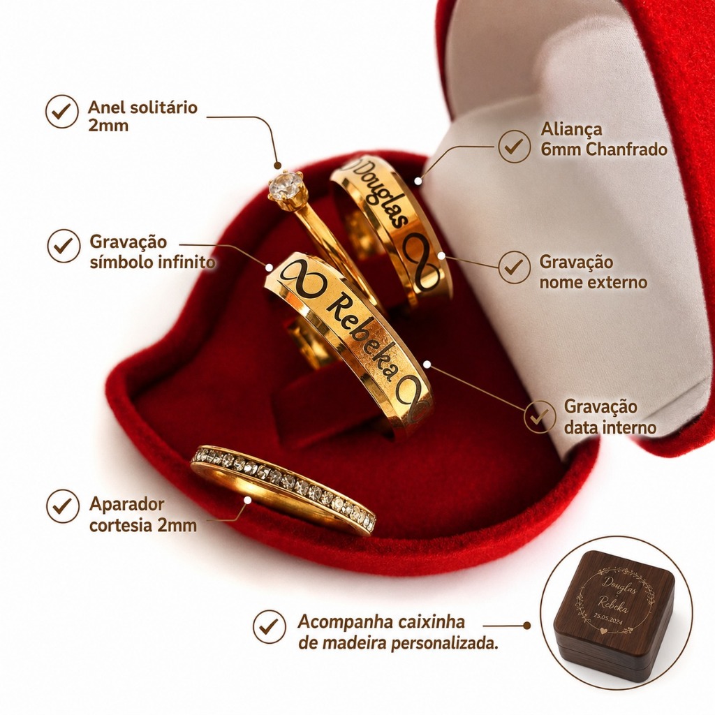Par de alianças banhada a ouro 18k Chanfrada + Gravação Infinito+ Solitário e Aparador COD-106