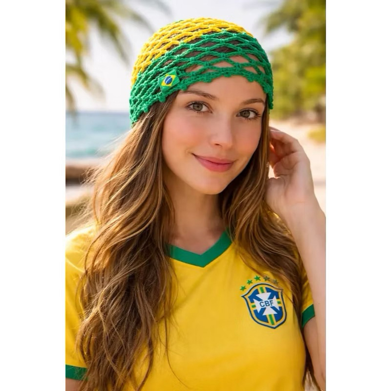 Head piece Brasil bandeira | Touca de crochê das blogueiras | eleições